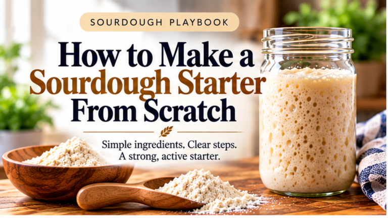 Active sourdough starter in a glass jar with flour for making a sourdough starter from scratch