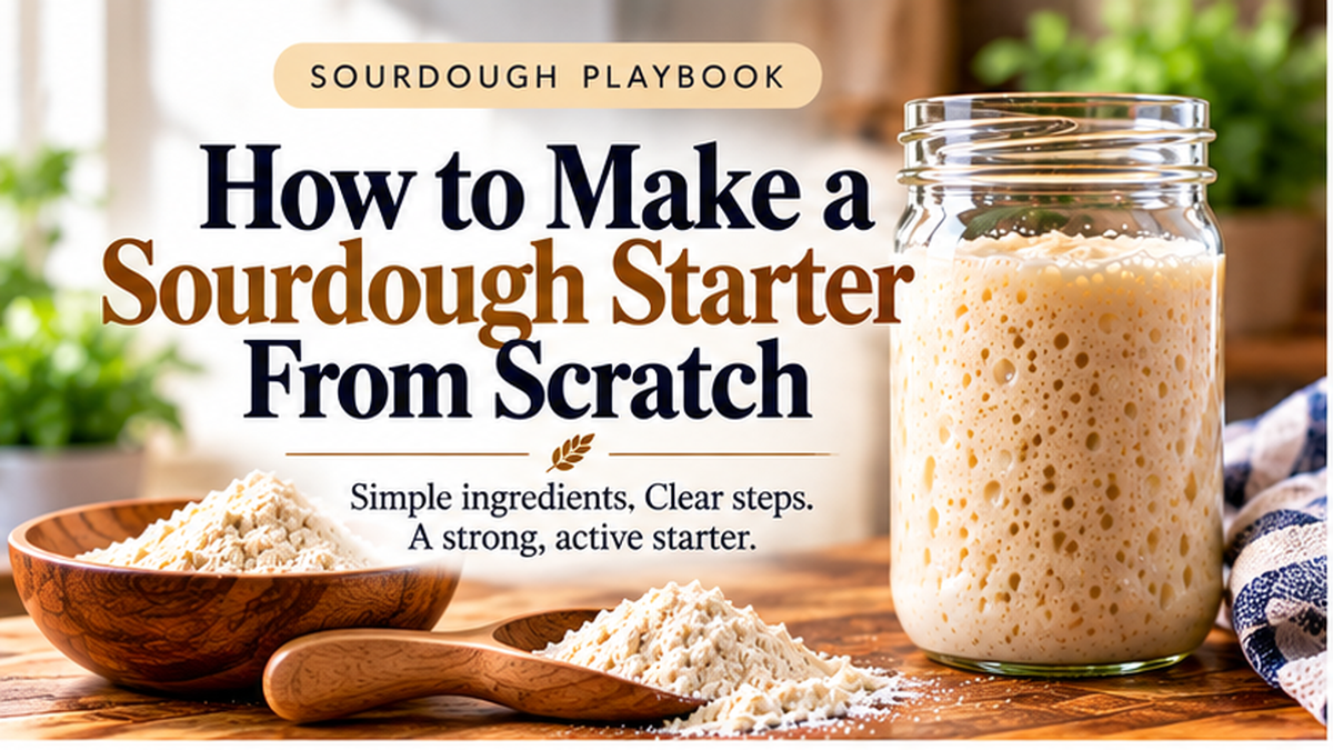Active sourdough starter in a glass jar with flour for making a sourdough starter from scratch
