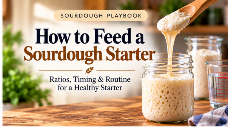 Feeding an active sourdough starter with flour and water using sourdough starter feeding ratios