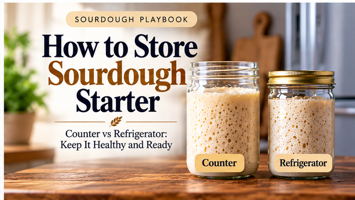 Sourdough starter storage comparison showing counter and refrigerator methods